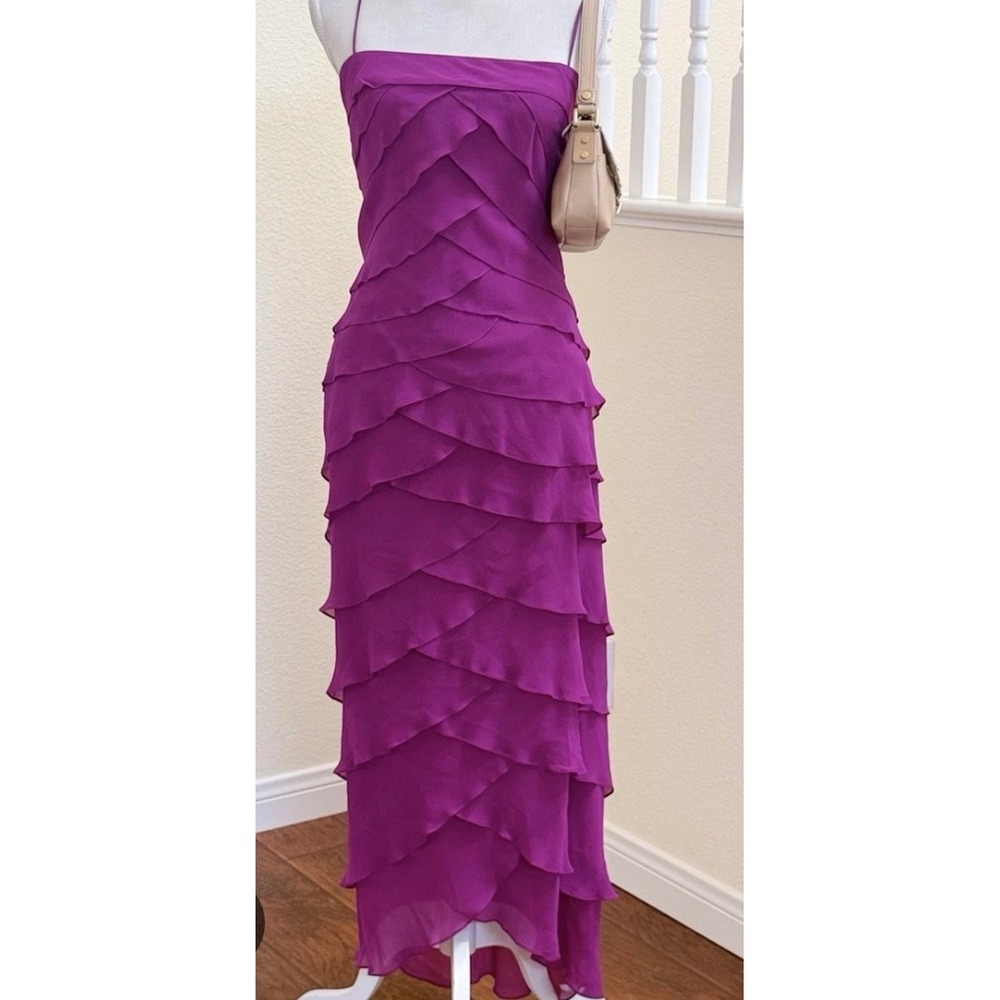 Tadashi Shoji Magenta Purple 100% Silk Tiered Ruffle Gown Dress EI8480S Size 10 - Picture 1 of 7
